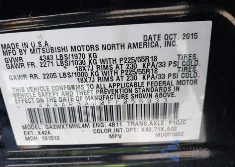 2015 Mitsubishi Outlander Sport Es from USA, damaged, VIN 4A4AP3AU0FE056933